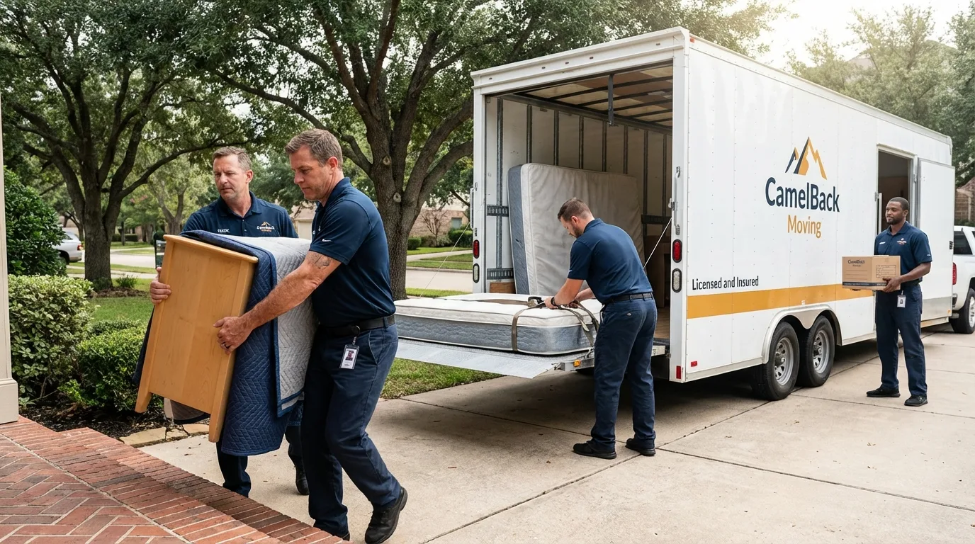 Crew loading residential truck for cross-state move from Caldwell, TX