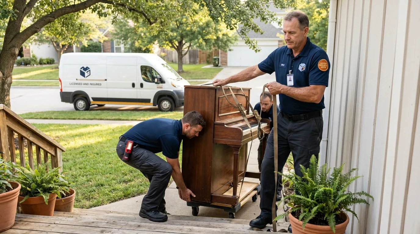 Licensed piano movers securing grand piano in Caldwell, TX
