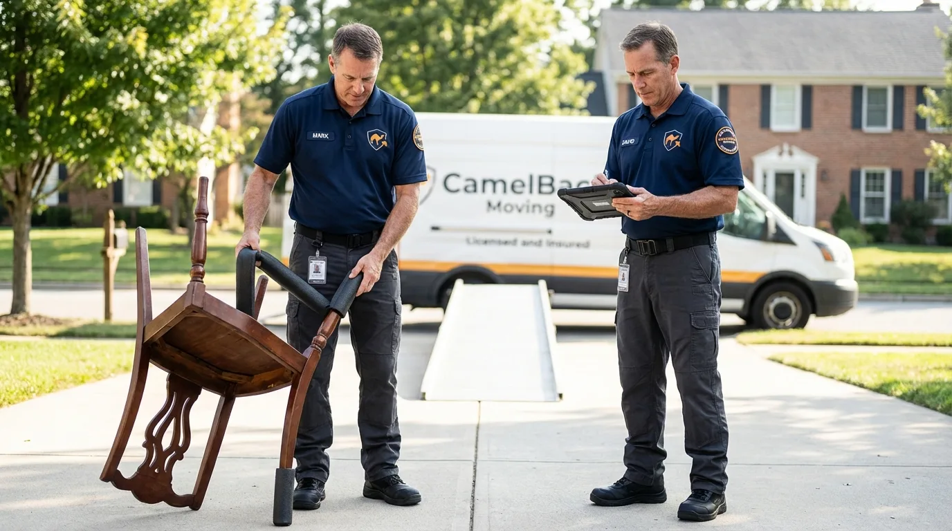 Movers inspecting furniture for damage prevention before loading in Caldwell, TX